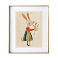 Load image into Gallery viewer, bunny, clad in a colorful striped dress that whispers of sunny days and joyful picnics in the park. nursery art
