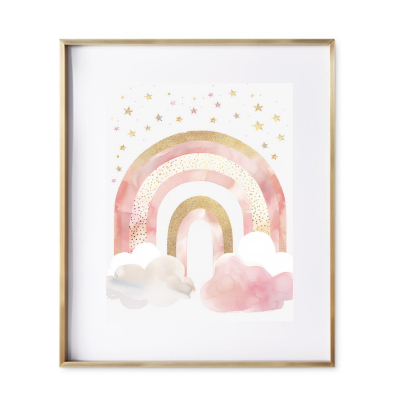 Celestial Dreams FEATURES sweeping rainbow arcs gracefully across the canvas, painted in the most delectable shades of pink and shimmering gold