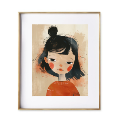 A captivating girl cloaked in the most striking shade of red, her cheeks aglow with a rosy radiance that echoes the purest of joys. nursery wall art