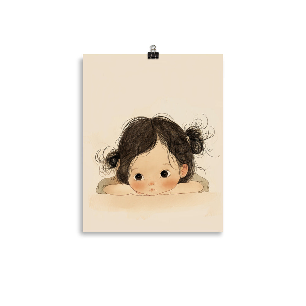  A charming little girl, lost in contemplation, her delicate face cradled gently in her hands. baby room art