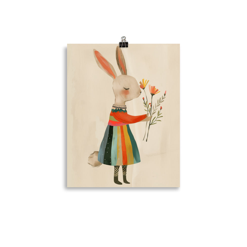 bunny, clad in a colorful striped dress that whispers of sunny days and joyful picnics in the park. wall decor