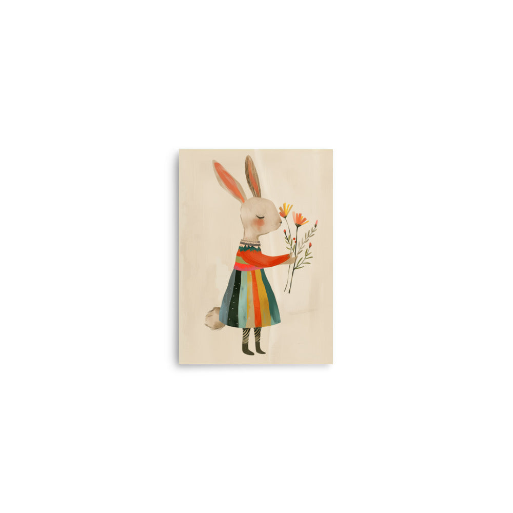 bunny, clad in a colorful striped dress that whispers of sunny days and joyful picnics in the park. wall nursery art