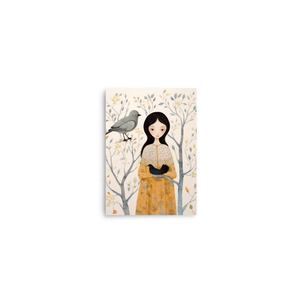 A mystical maiden draped in the sunniest of yellow robes, standing amidst a whispering forest. baby room art