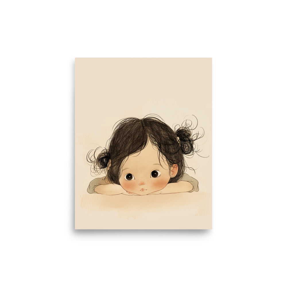  A charming little girl, lost in contemplation, her delicate face cradled gently in her hands. girls room art