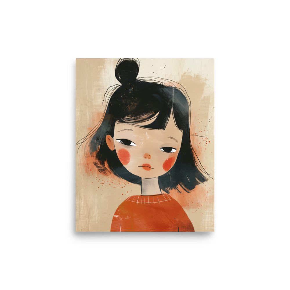 A captivating girl cloaked in the most striking shade of red, her cheeks aglow with a rosy radiance that echoes the purest of joys. baby room art print