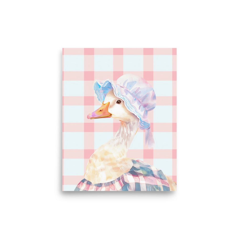  A charming duck, decked out in a cap and apron, set against a soft, plaid pink background that sings with sweetness.  NURSERY WALL DECOR