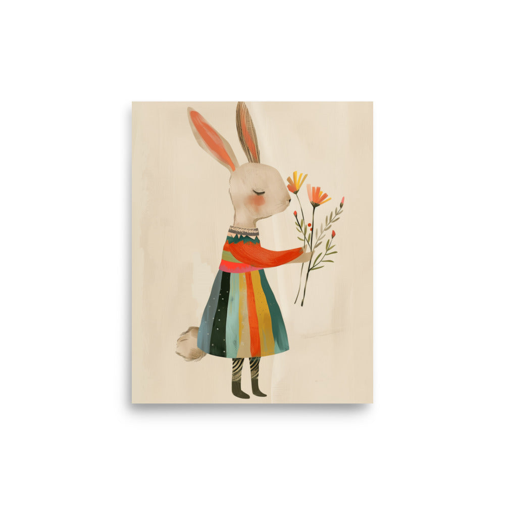 bunny, clad in a colorful striped dress that whispers of sunny days and joyful picnics in the park. nursery decor