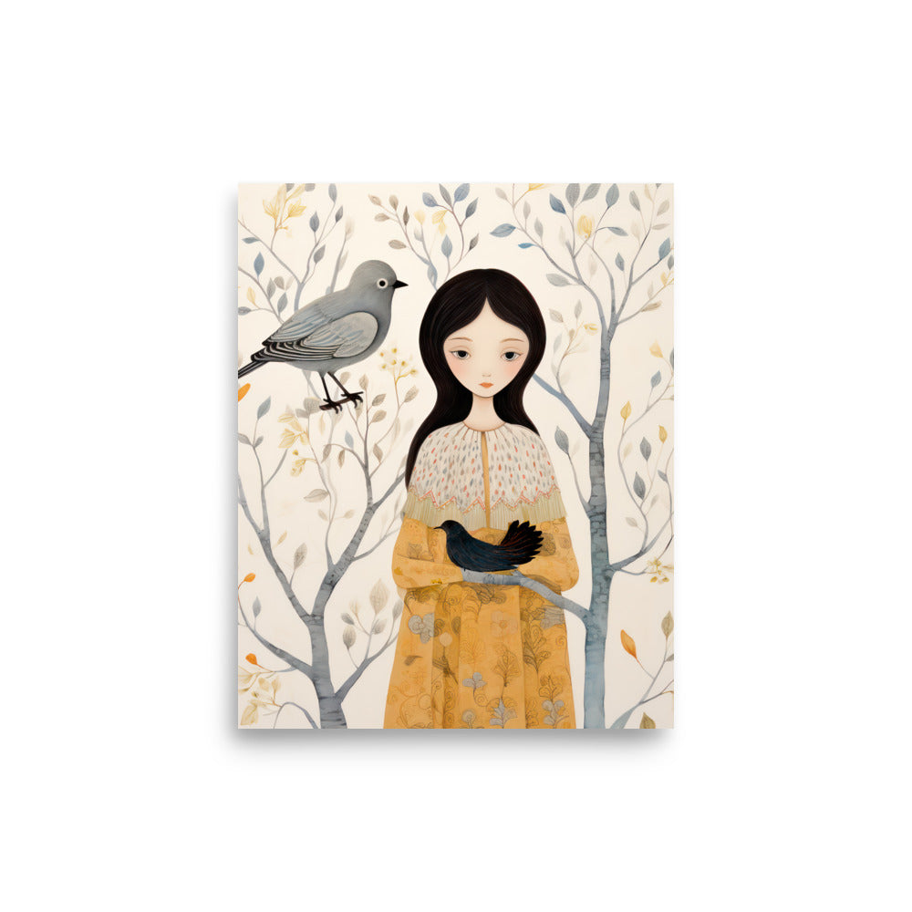 A mystical maiden draped in the sunniest of yellow robes, standing amidst a whispering forest. wall art